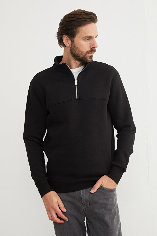 سويت شيرت أساسي ذو 3 خيوط وياقة واقفة ونصف سحاب - 7