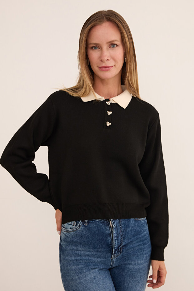 سترة تريكو أساسية بياقة بولو ونصف زر - 1