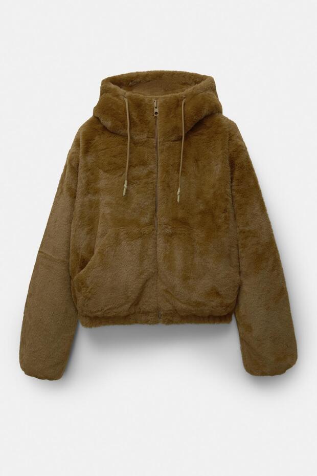 Kapüşonlu suni kürk ceket - 6