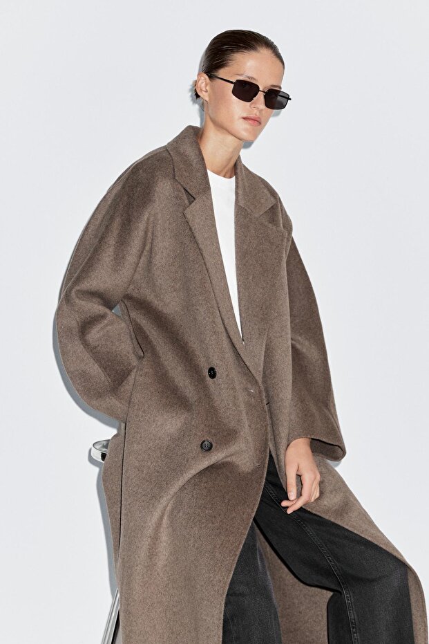 Uzun yün karışımlı kruvaze kaban - 4