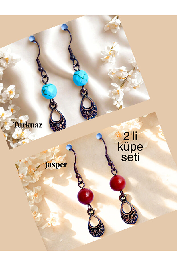 Turquoise & Jasper Natural Stone Bohemian Drop Dangle, Women's 2-Piece Earring Set, Turquoise-Red