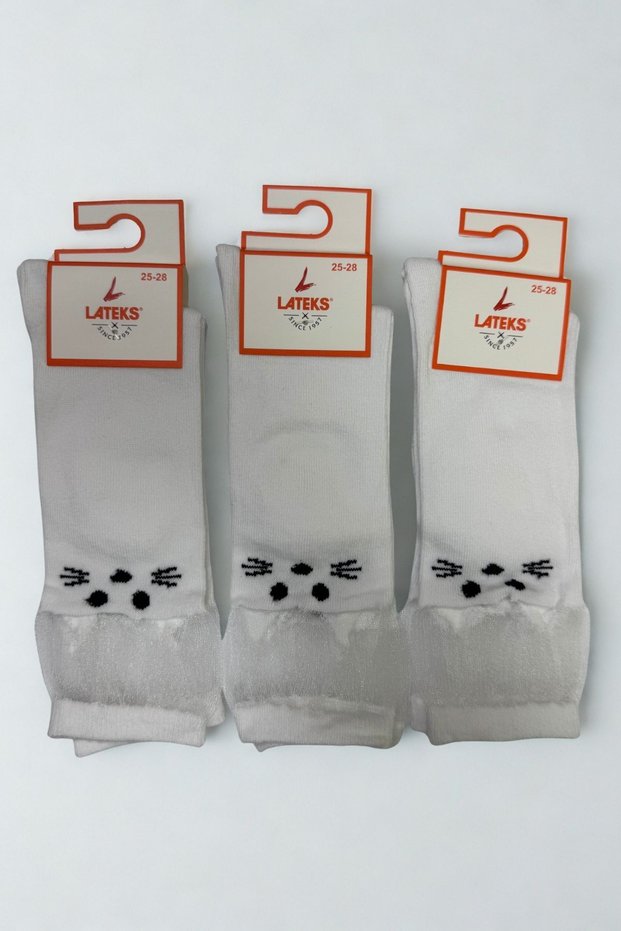 Girl's 3-Pack White Cat Tulle Knee-High Socks, School, Nursery, Kindergarten