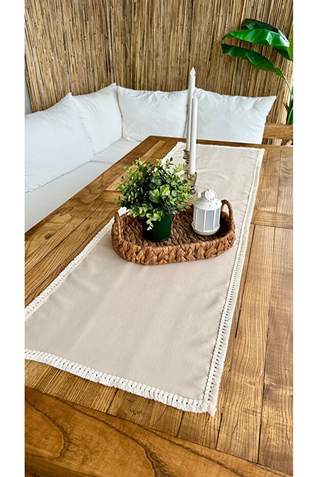 Lale Series Tassel Detailed Beige Runner 40 X 130 cm Stain-Resistant Fabric