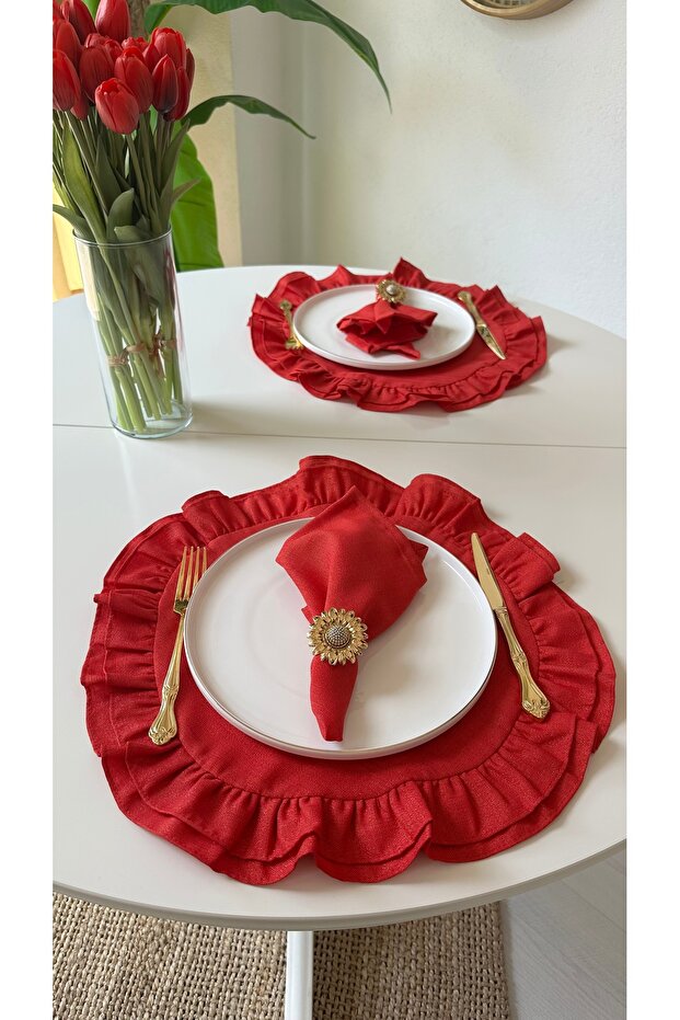 2 li Simli Kırmızı Fırfırlı Yuvarlak Amerikan Servis - 1