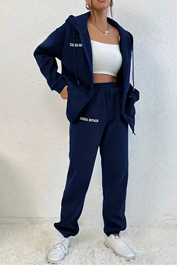 Sierra Nevada Winter Cardigan Sweatpants Bottom Top Set - Navy Blue Printed Zippered Hoodie