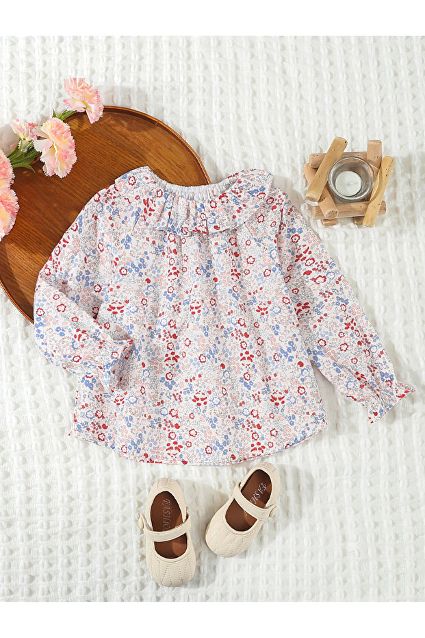 Girls Floral Print Cotton Top with Ruffle Collar
