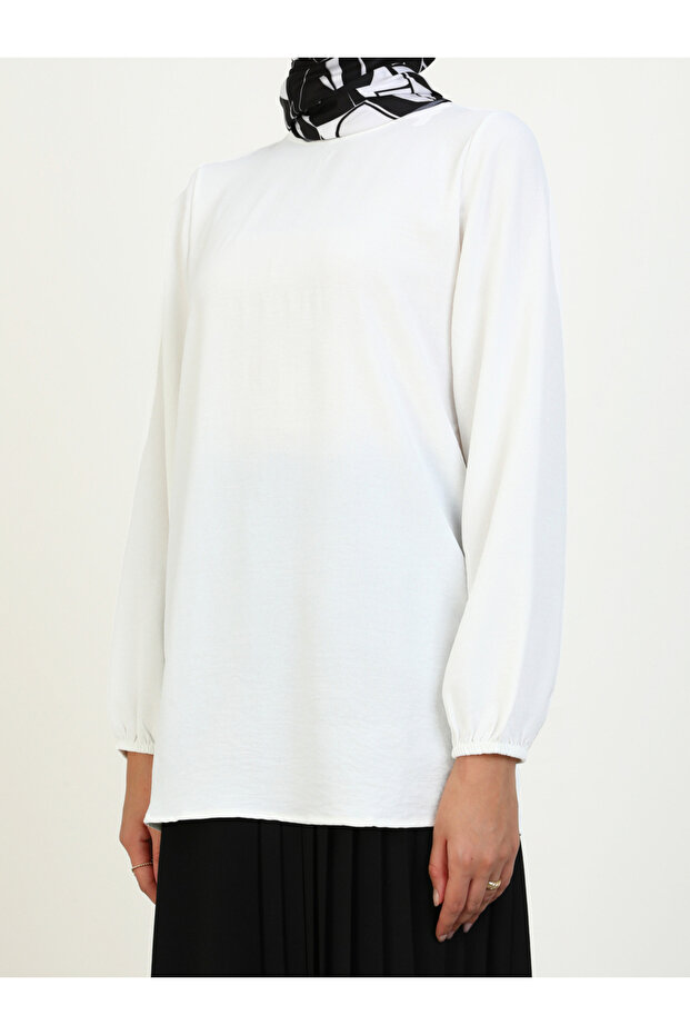 Off White Solid Balloon Sleeve Blouse - 4