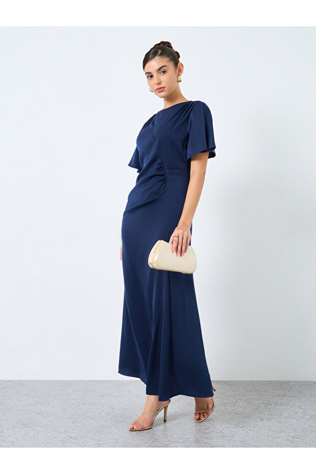 Satin Gathered Detail A-Line Maxi Dress