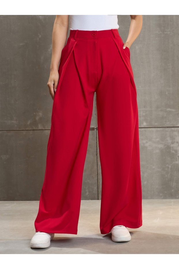 Women Red Wrap Pleated Wide Leg Pants
