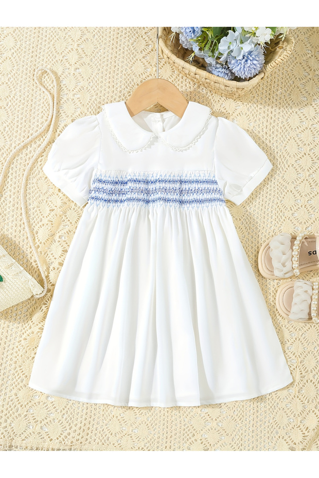 Girls White Smocked Dress with Peter Pan Collar