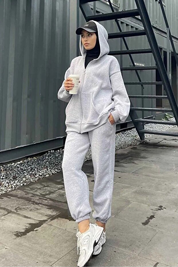 Baskısız Kışlık Hırka Eşofman Altı Alt Üst Takım - 1