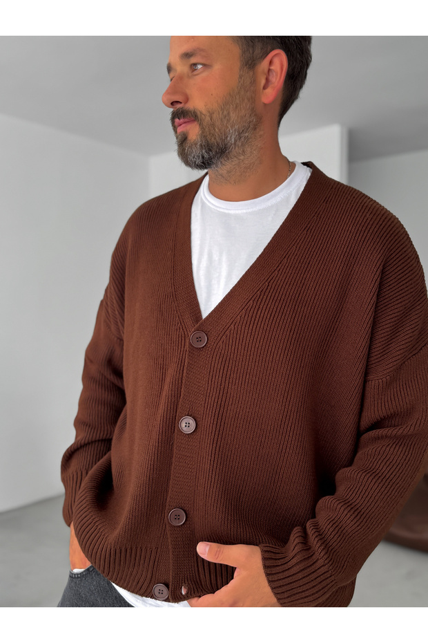 Kahve Düğmeli Oversize Örme Hırka PM-021 - 3