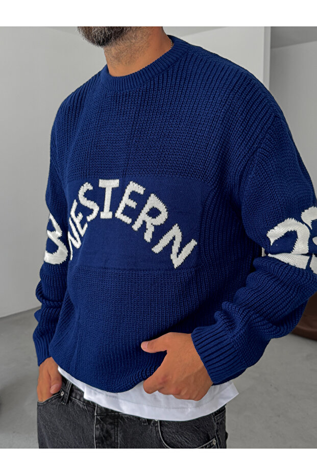 Lacivert Western Örme Oversize Kazak PM-019 - 3