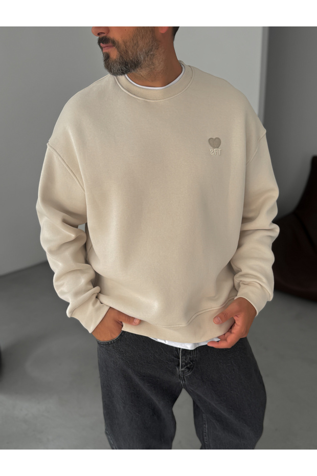 Bej Kalp Nakışlı Basic Oversize Sweatshirt TW-7080 - 2