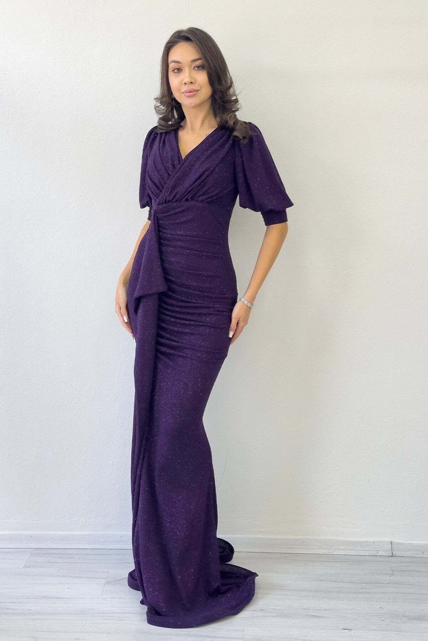 Balloon Sleeve Glitter Draped Flounce Detail Mermaid Evening Dress White, Indigo, Burgundy, Navy Blue, Purple, Black