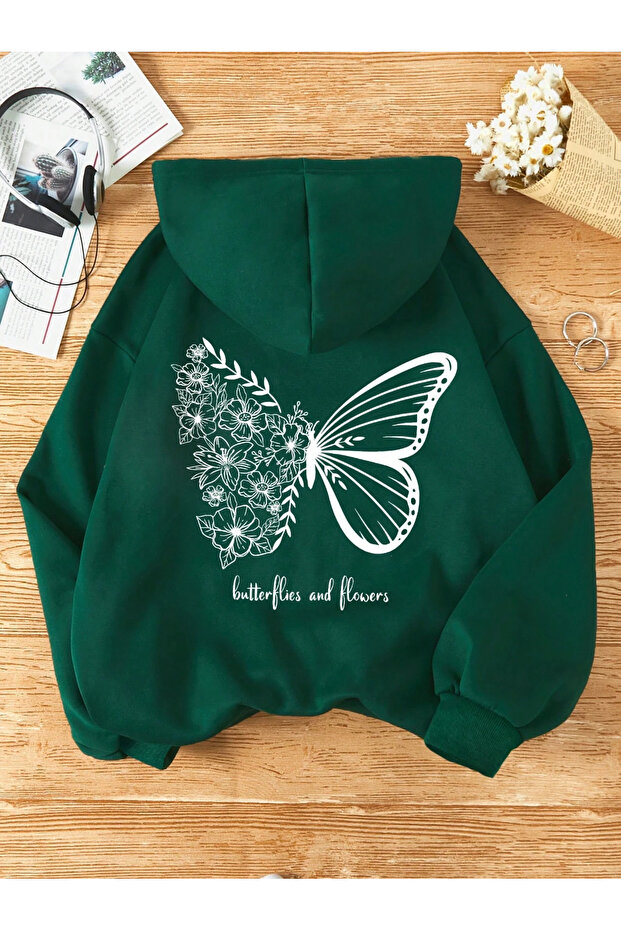 Flowers Butterfly Hooded Sweatshirt - Nefti Green Printed Oversize