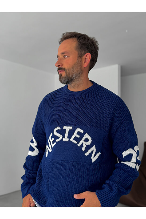 Lacivert Western Örme Oversize Kazak PM-019 - 2