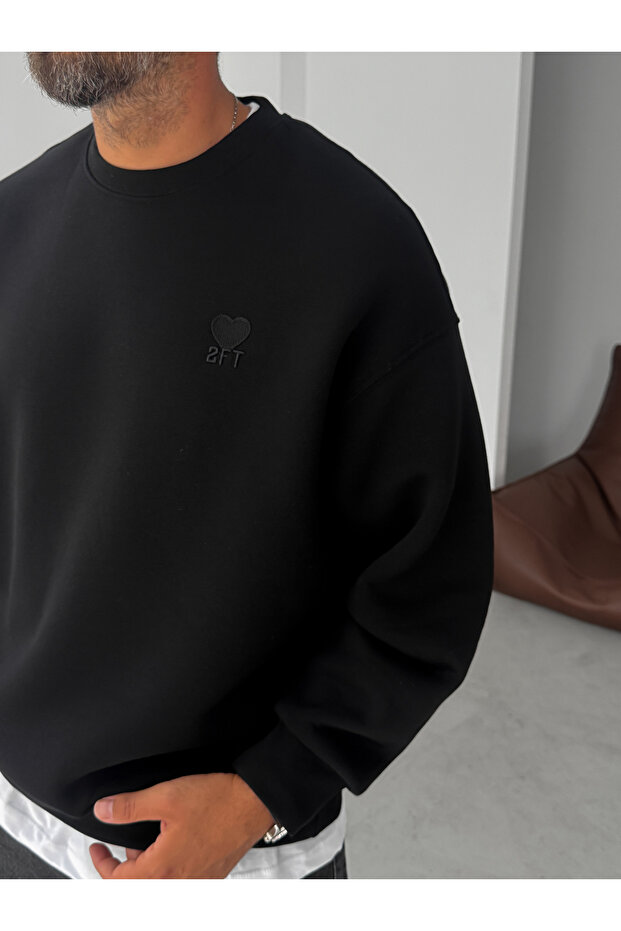 Siyah Kalp Nakışlı Basic Oversize Sweatshirt TW-7080 - 3