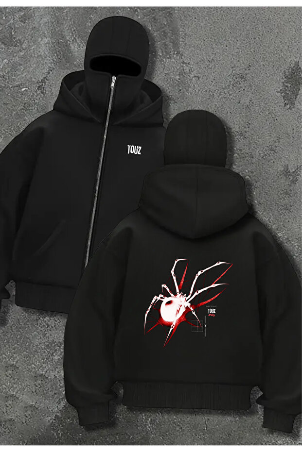 Touz Collection Mask Detailed Oversize Zippered Black Unisex Hooded Cardigan