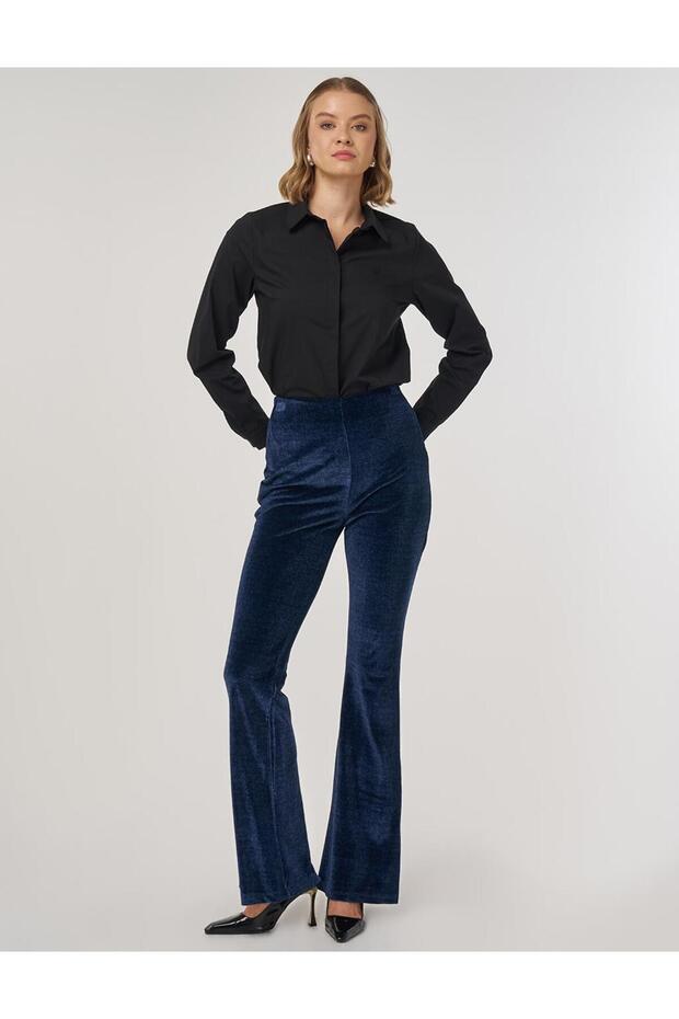 İspanyol Paça Kadife Pantolon Lacivert - 1