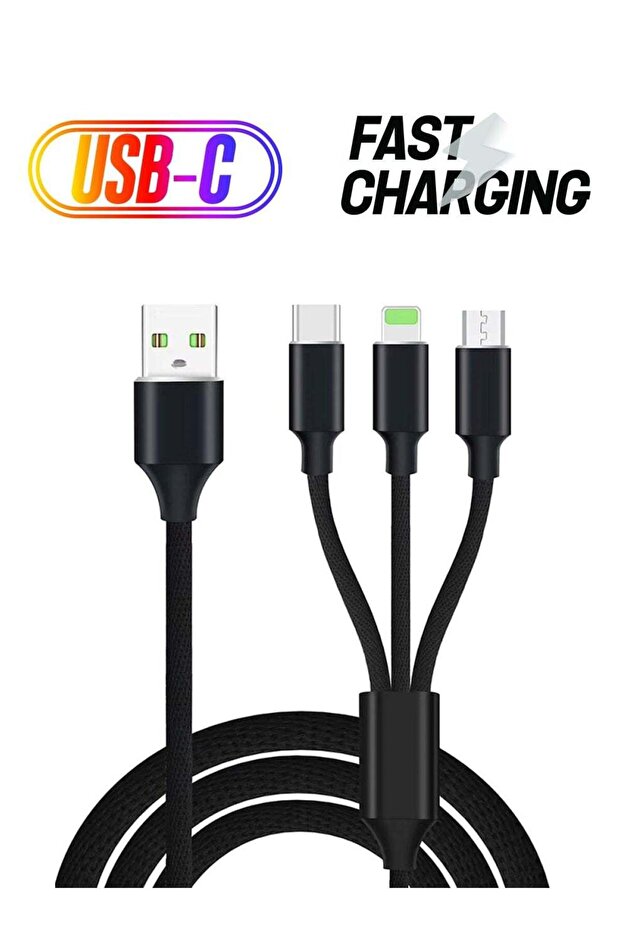 كابل 3 في 1 مايكرو يو إس بي من النوع سي لايتنينج لمزامنة البيانات والشحن، أسود - 1