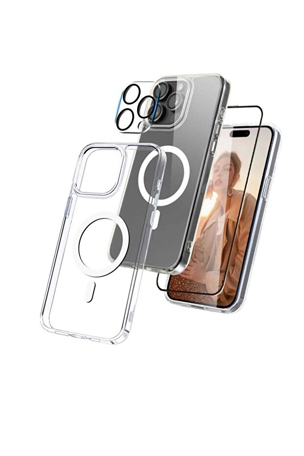 جراب حماية Macsafe مع لاصق شاشة زجاجي 5D وحماية صلبة للكاميرا لجهاز iPhone 15Pro Max
