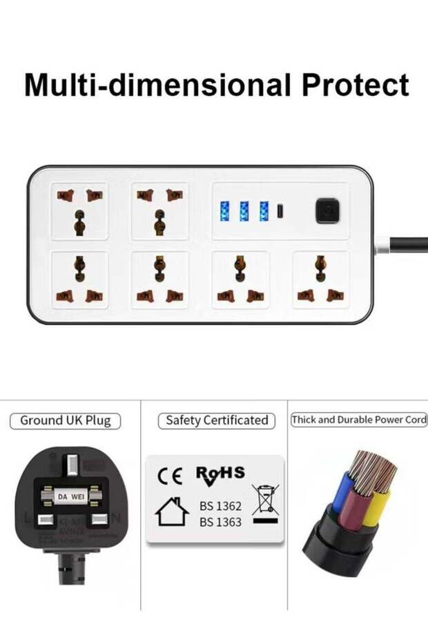 2m electrical socket with 6 sockets with 3 USB ports - 1
