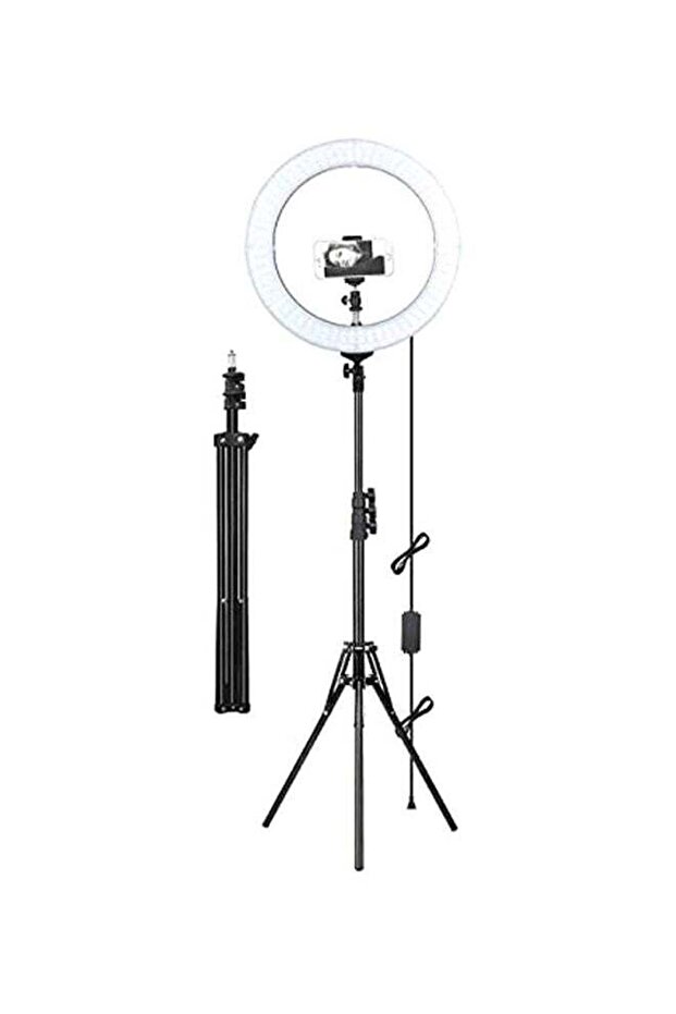 حلقة إضاءة LED قابلة للتعتيم مع حامل ثلاثي القوائم - أبيض/أسود - 1