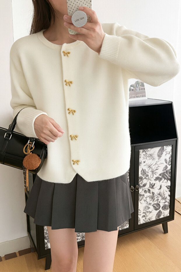 Kadın Fiyonk Düğmeli Basic Triko Hırka - 1