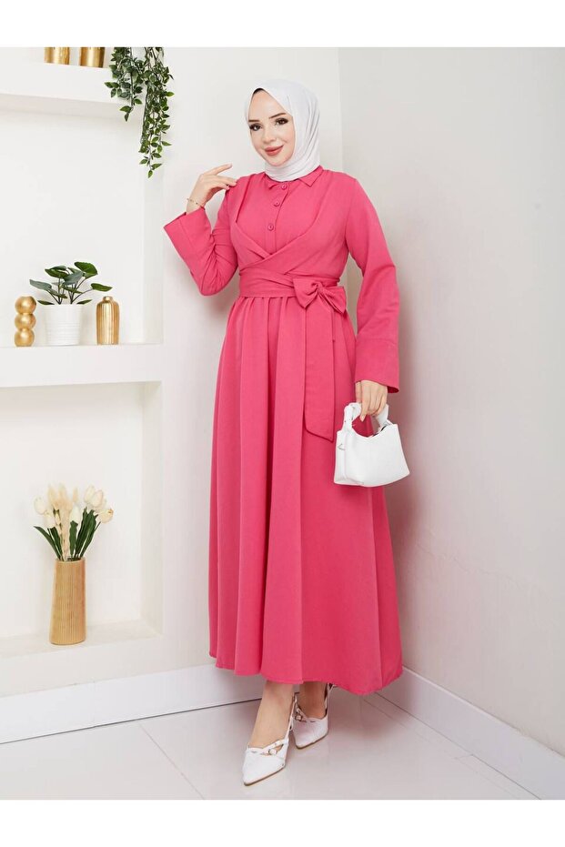 Women's Standard Collar Buttoned Fixed Belted Loose Sleeve Hijab Dress