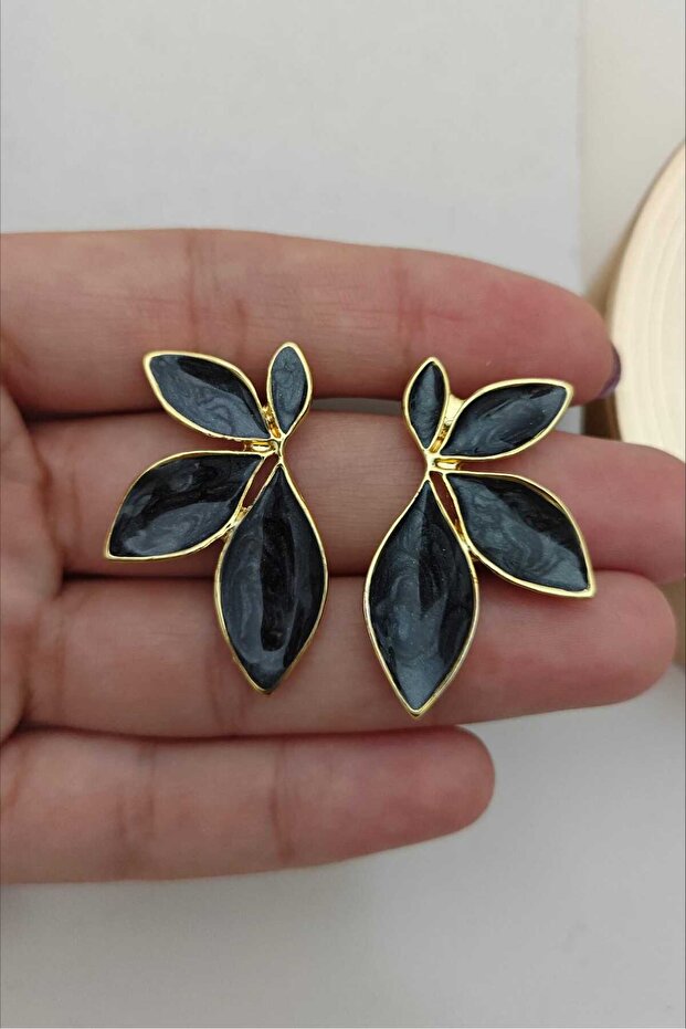 Black Shiny Pearlescent Iconic Gold Leaf Women's Earrings (4.5 cm)