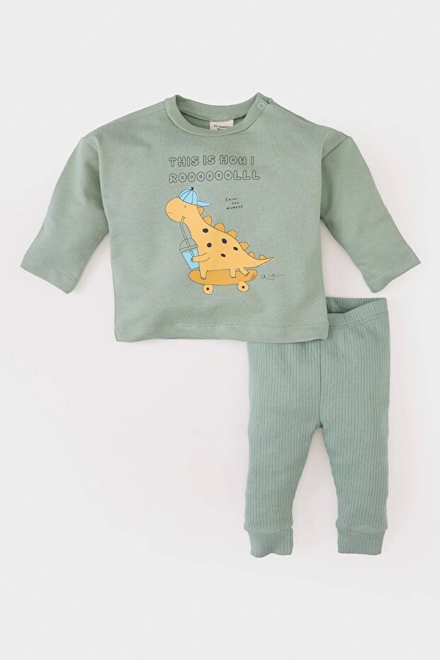 E2398 Khaki Baby Boy 2-Piece Set Dinosaur Printed Long Sleeve T-Shirt Elastic Waist Bottom
