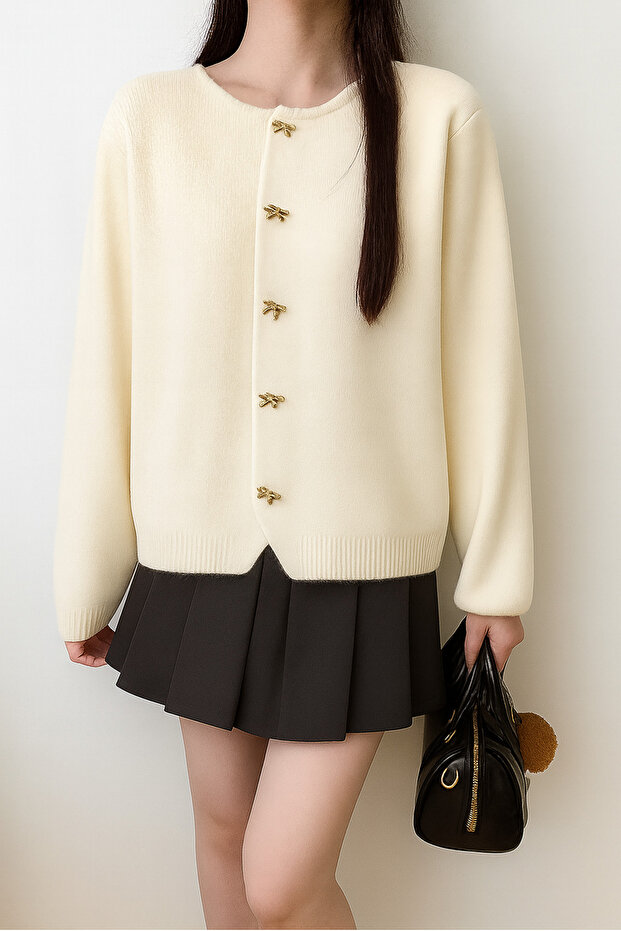 Kadın Fiyonk Düğmeli Basic Triko Hırka - 2