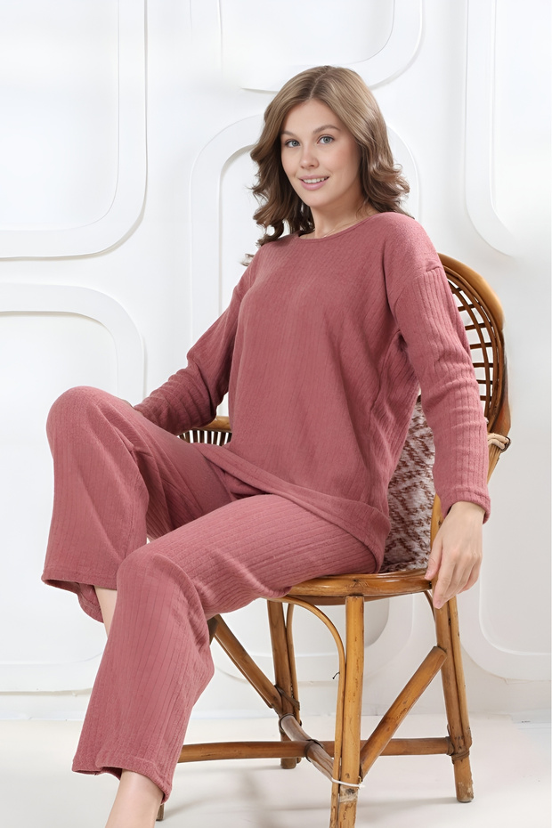 Pamuklu Kalın Kışlık İnterlok Şeritli Uzun Kollu Örme Pijama Takımı - 1
