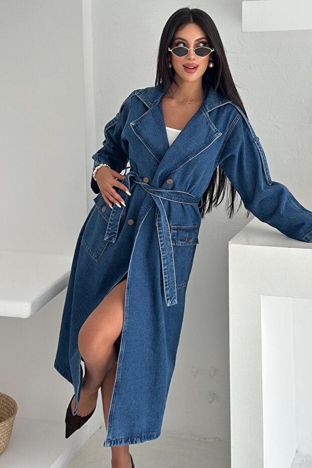 Denim Jean Trench Coat with Pockets and Belted Waist