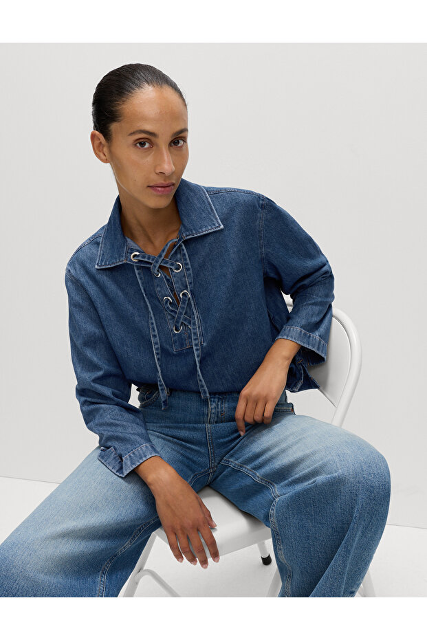 Denim Bağlamalı Bluz - 3