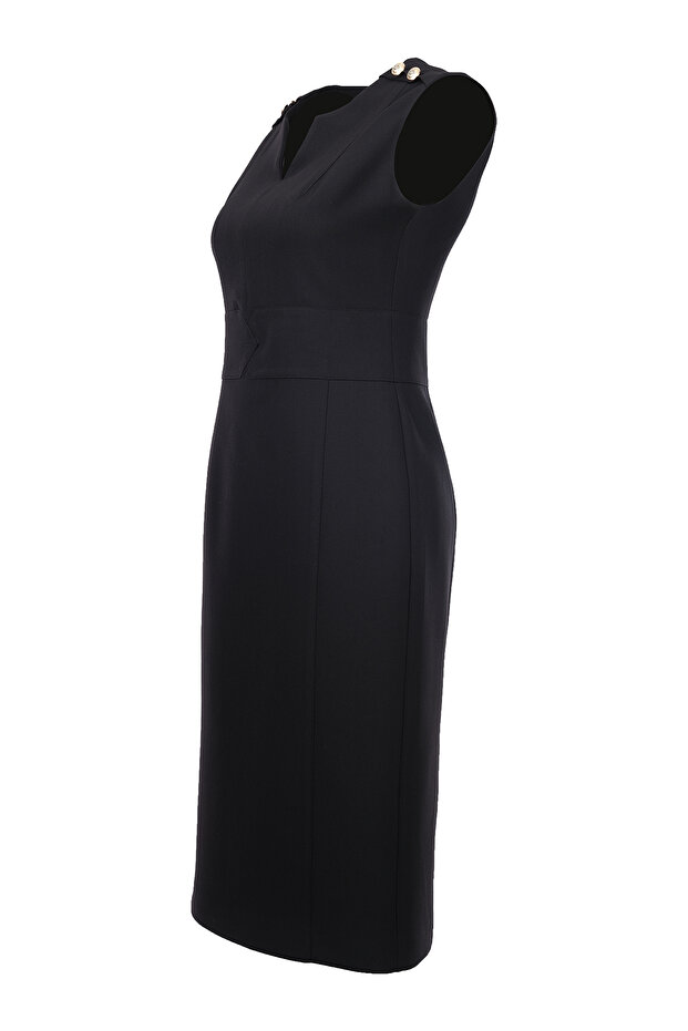 Minimalist Midi Elbise - Kolsuz V Yaka Günlük & İş Elbisesi - 2