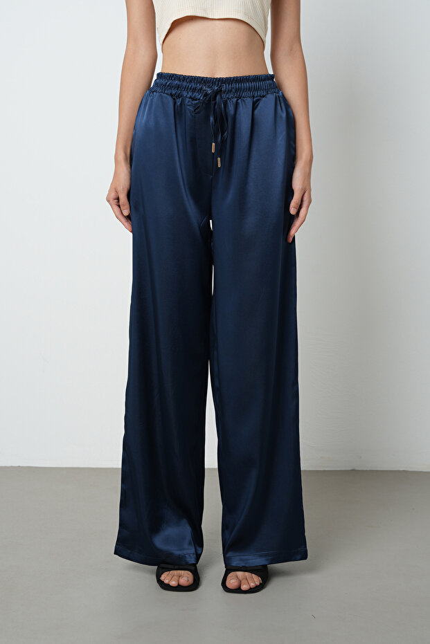 Women's Light Navy Blue Satin Wide Leg Elastic Waist Trousers
