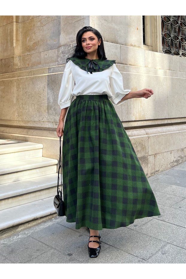 Green Cotton Plaid Flared Skirt and Detachable Collar (Set of 2) (Skirt-Collar)