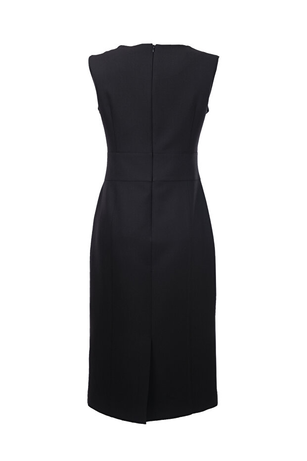 Minimalist Midi Elbise - Kolsuz V Yaka Günlük & İş Elbisesi - 4