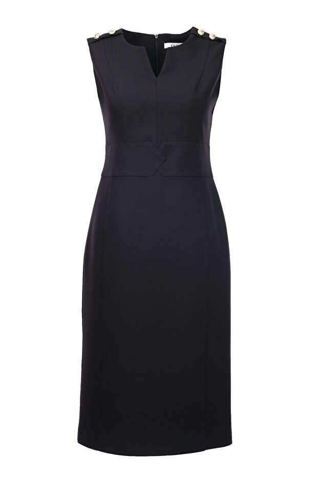 Minimalist Midi Elbise - Kolsuz V Yaka Günlük & İş Elbisesi - 1