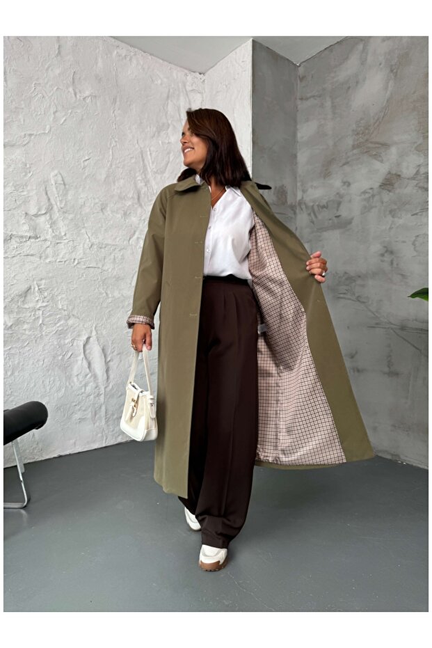 Haki Ekose Detaylı Trenç - 4