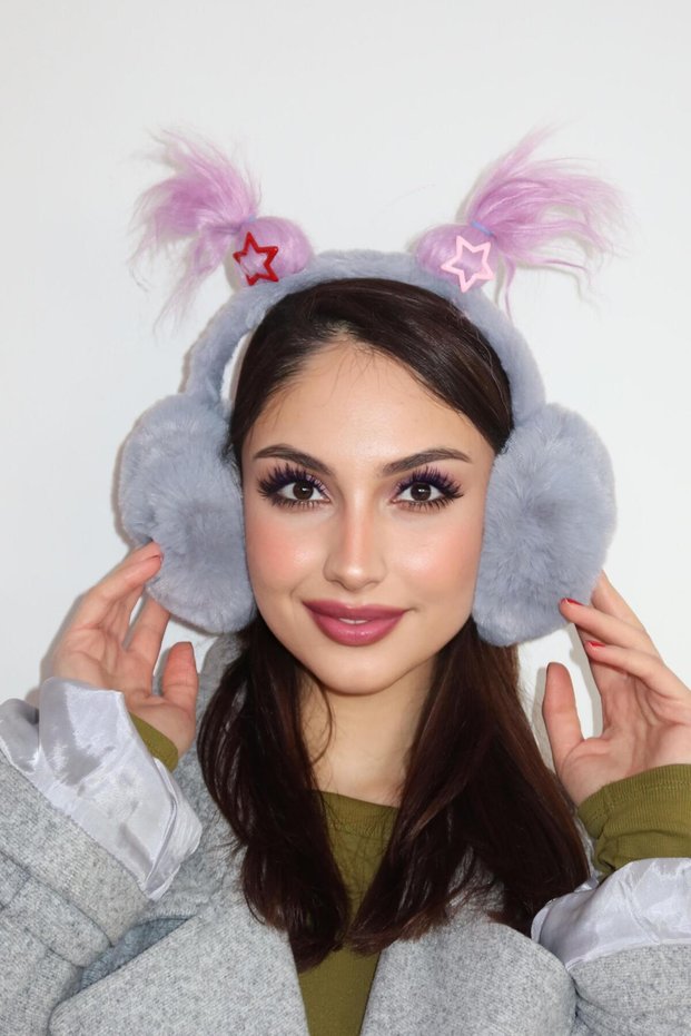 Gray and Purple Color Plush Headphones with Hair Detail
