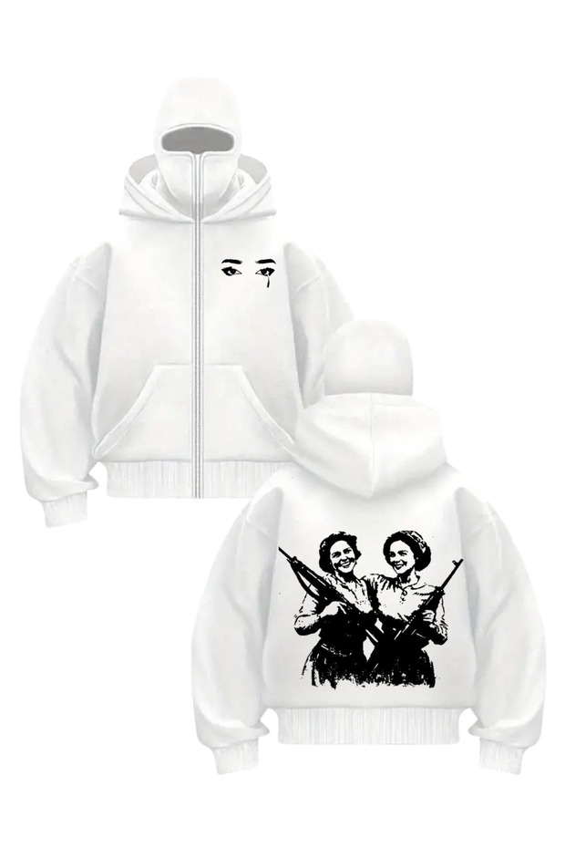 White Unisex Snow Masked Gun Girl Printed Oversize Cardigan