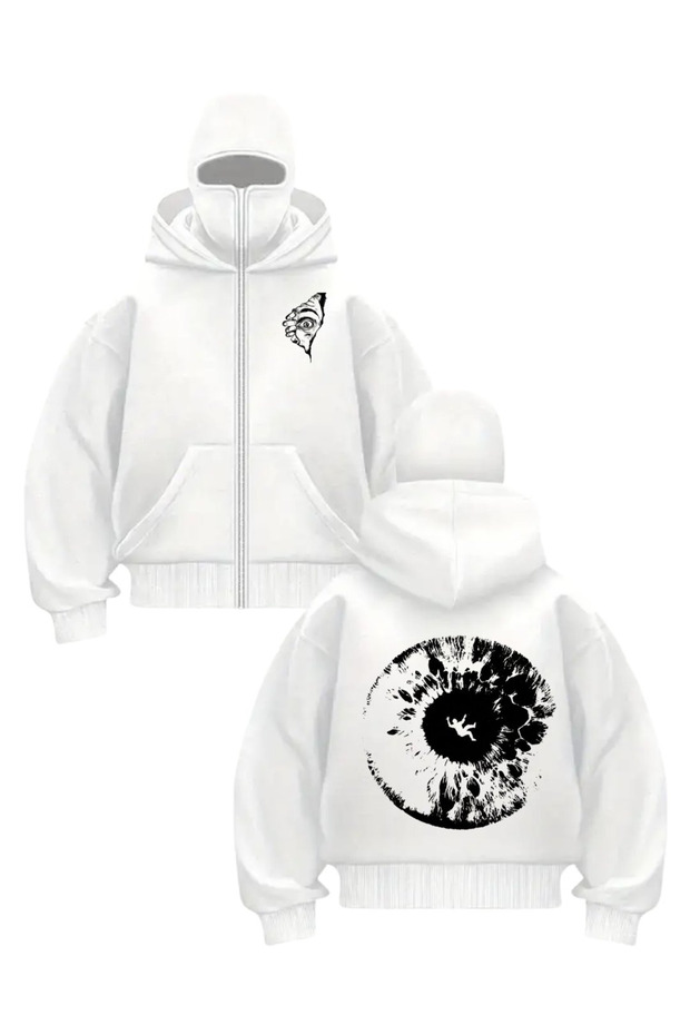 White Unisex I See You Printed Oversize Cardigan with Balaclava