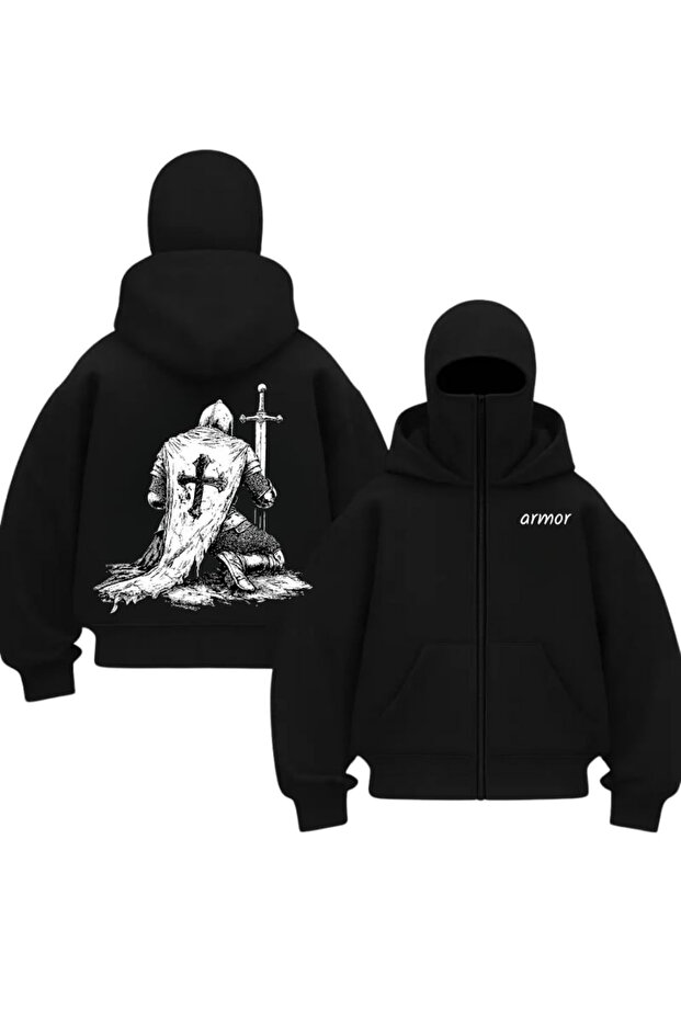 Black Unisex Snow Masked Armor Legend Printed Oversize Cardigan