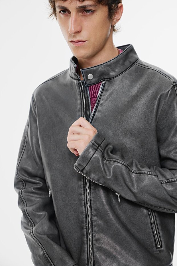 Gri suni deri ceket - 7