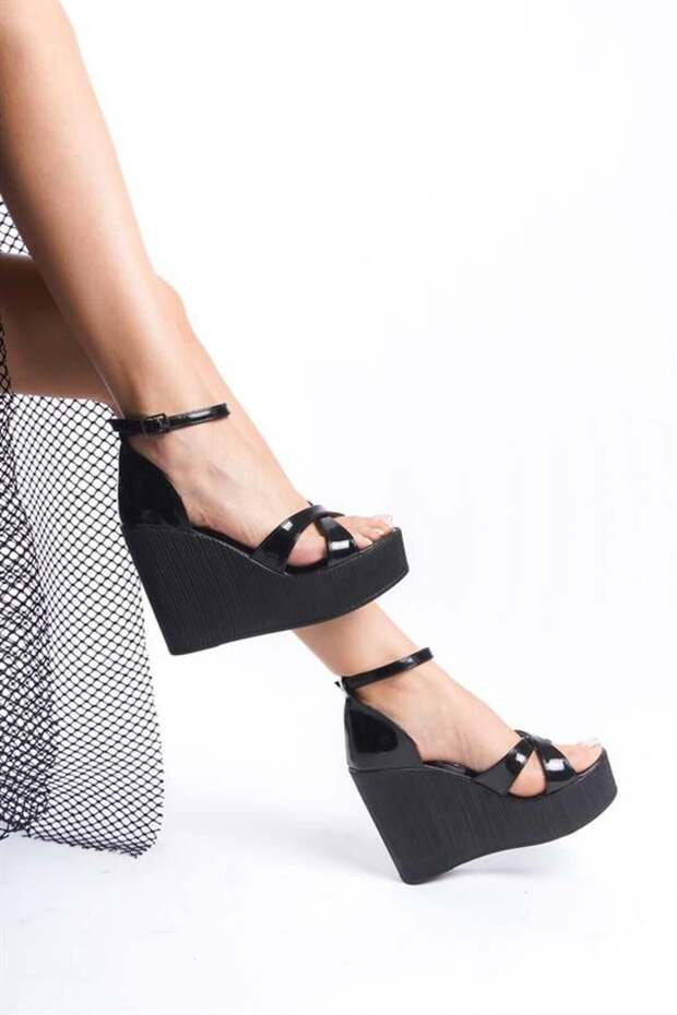 Women's Cross Strap Black Patent Leather High Heel Wedge Sole Shoes