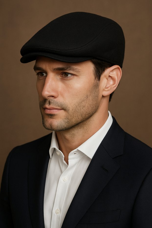 Men's Winter Wool Fabric Standard Size Black London Cap with Elastic Back