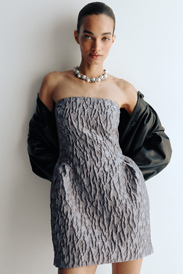 Jakarlı Dokuma Bandeau Elbise - 1